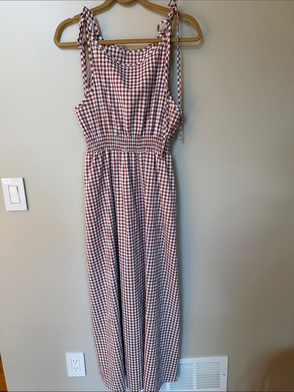 SHEIN Red and White Gingham Tie-Shoulder Maxi Dress